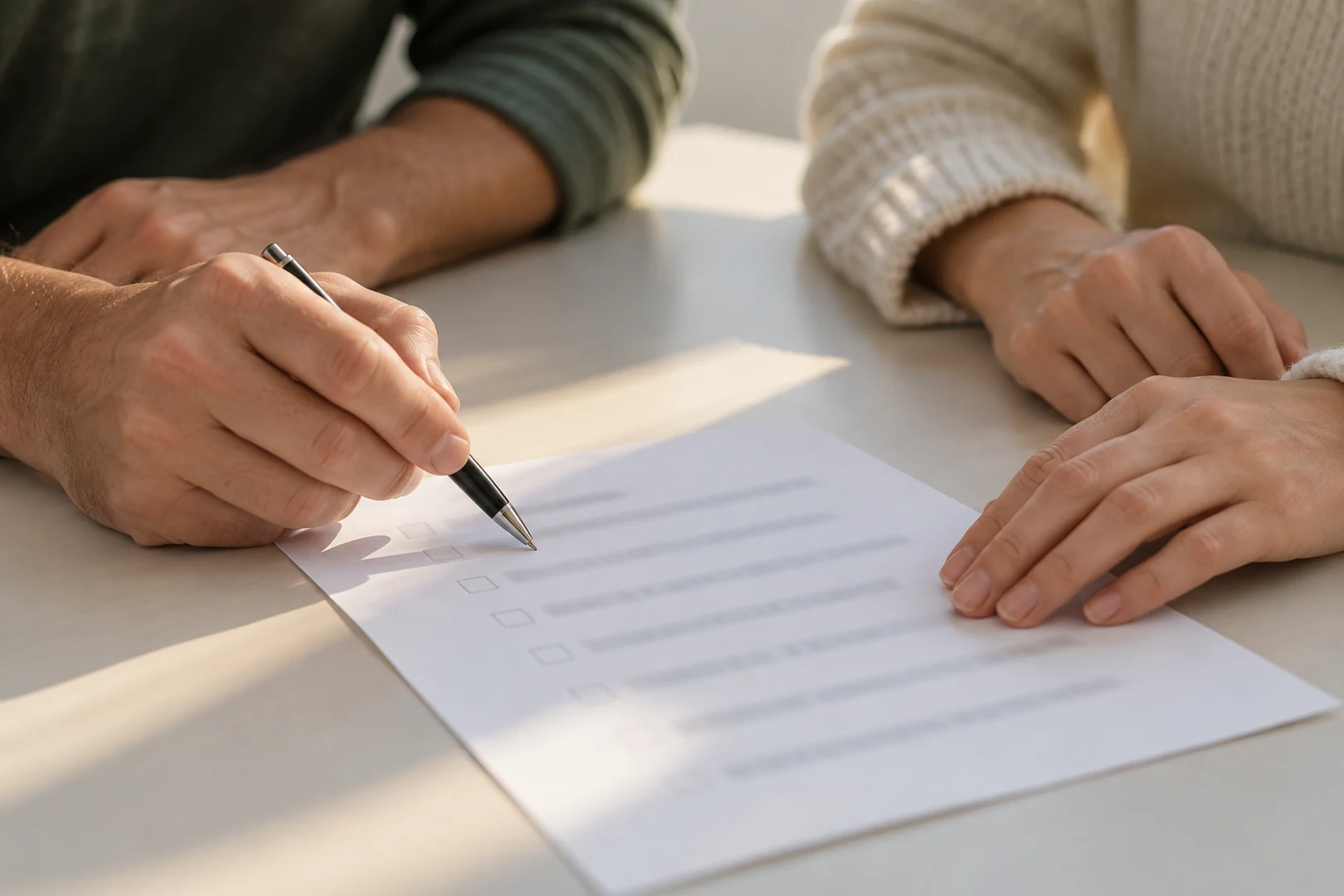 Two pairs of hands over a printed checklist on a light table, one hand pointing to a line with a pen