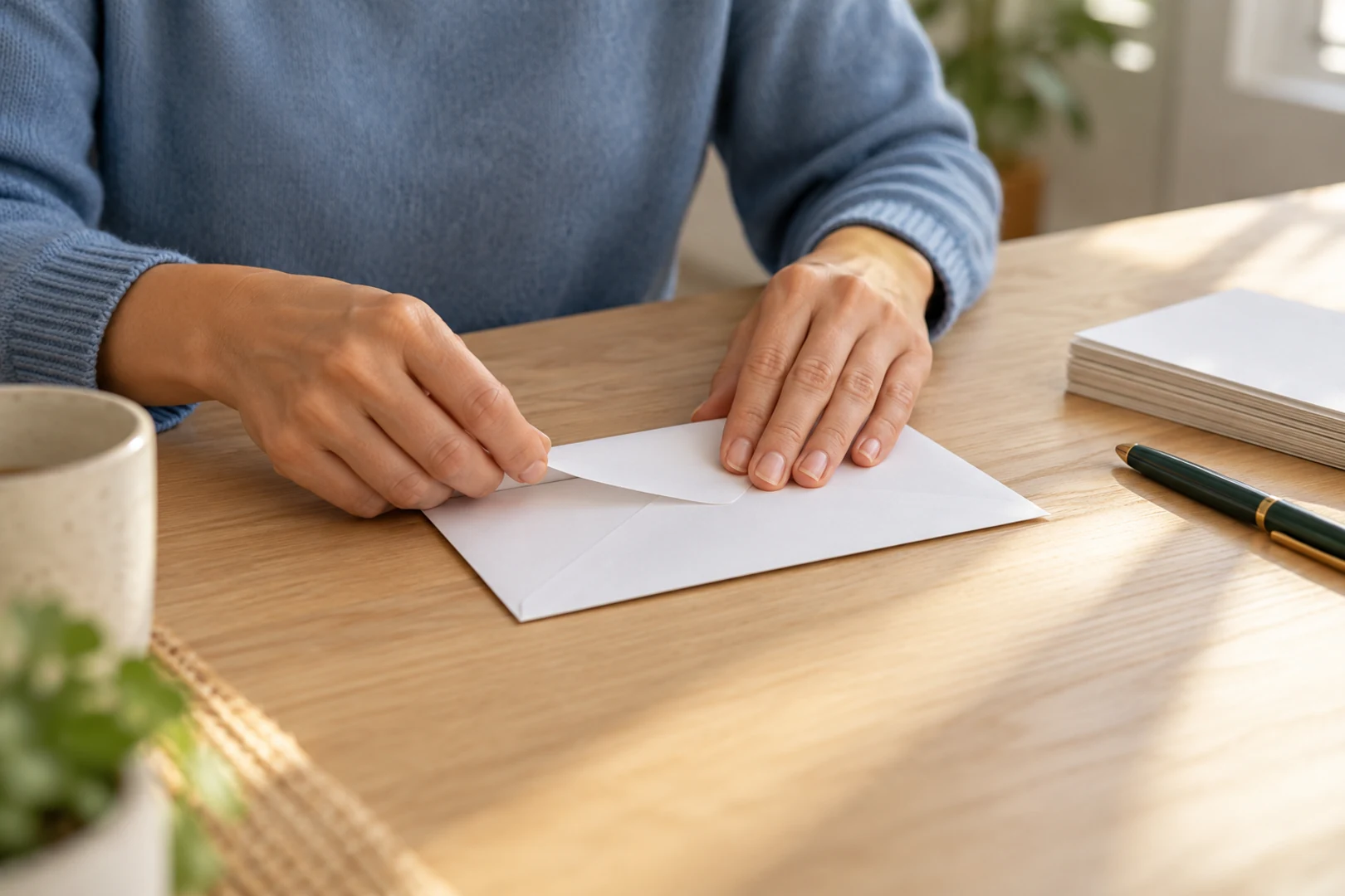 Hands sealing a white envelope on a wooden table beside a pen and a short stack of paper