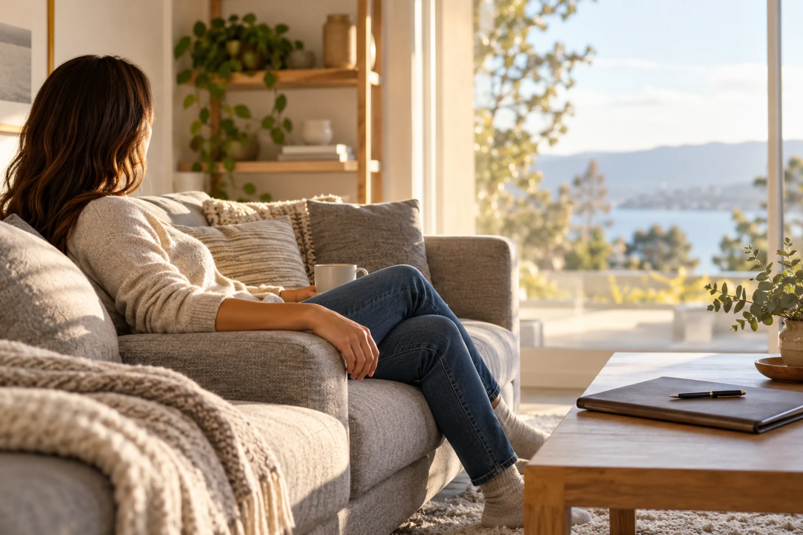 A person leaning back on a grey sofa in a bright living room, a closed folder and a pen on a wooden coffee table