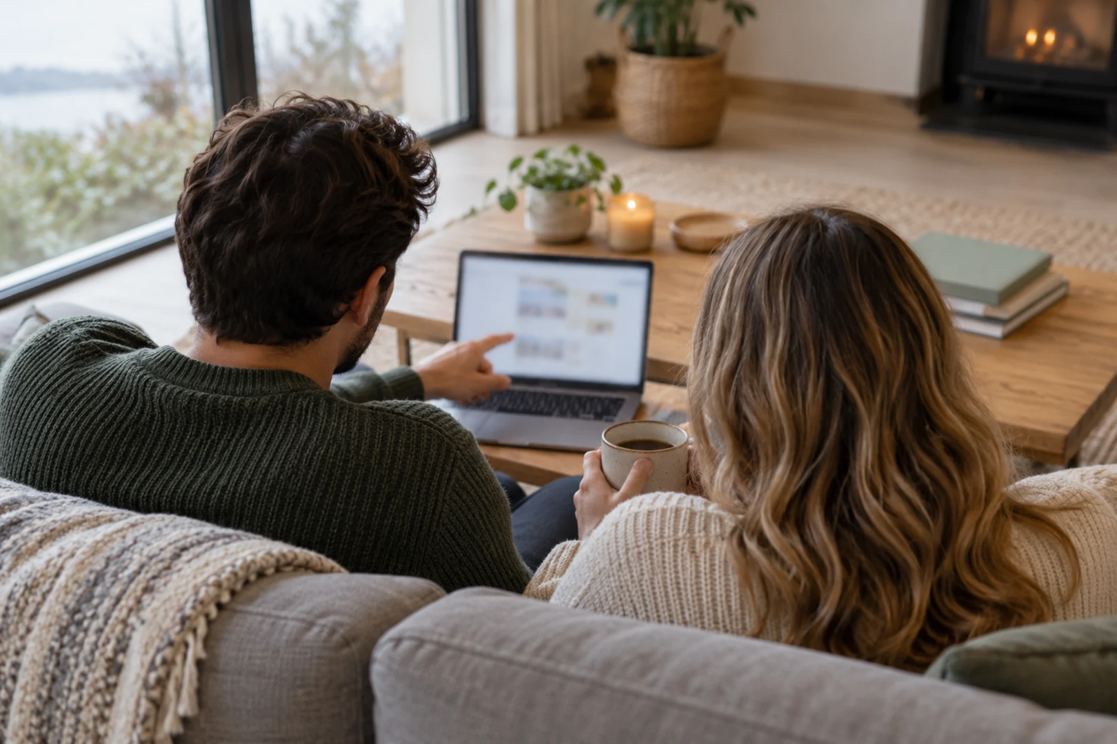 Two people seen from behind on a grey sofa, one pointing toward a laptop on a coffee table while the other holds a mug
