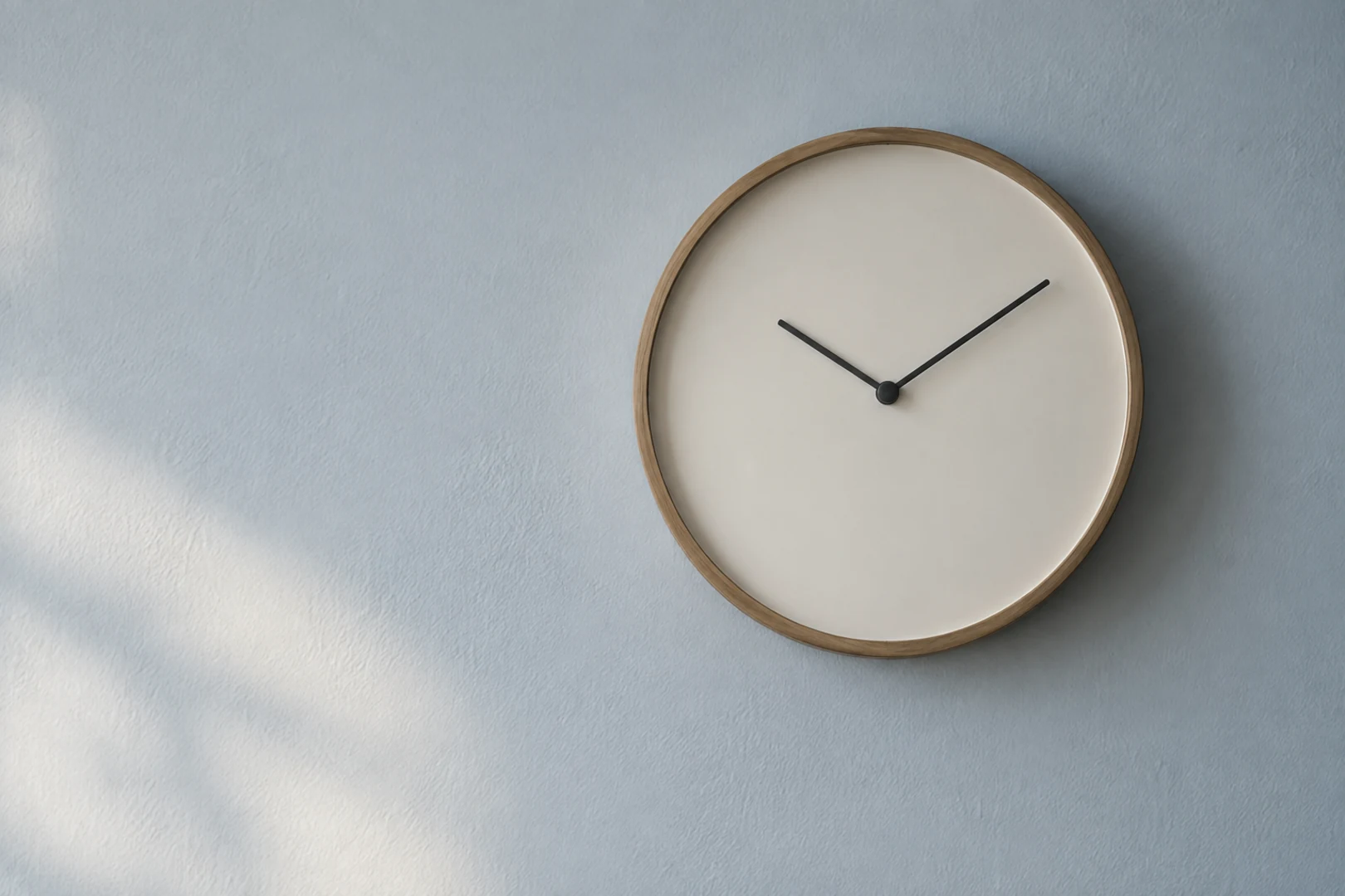 A plain round wall clock without numerals on a pale blue wall in soft afternoon light