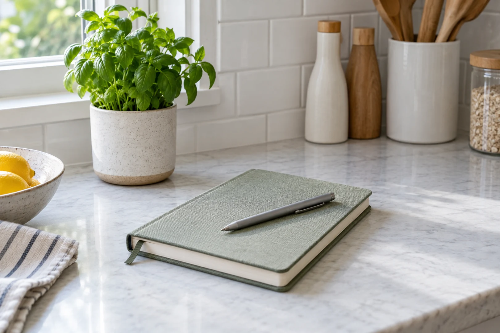 A closed green planner with a pen on a white kitchen counter beside a potted herb