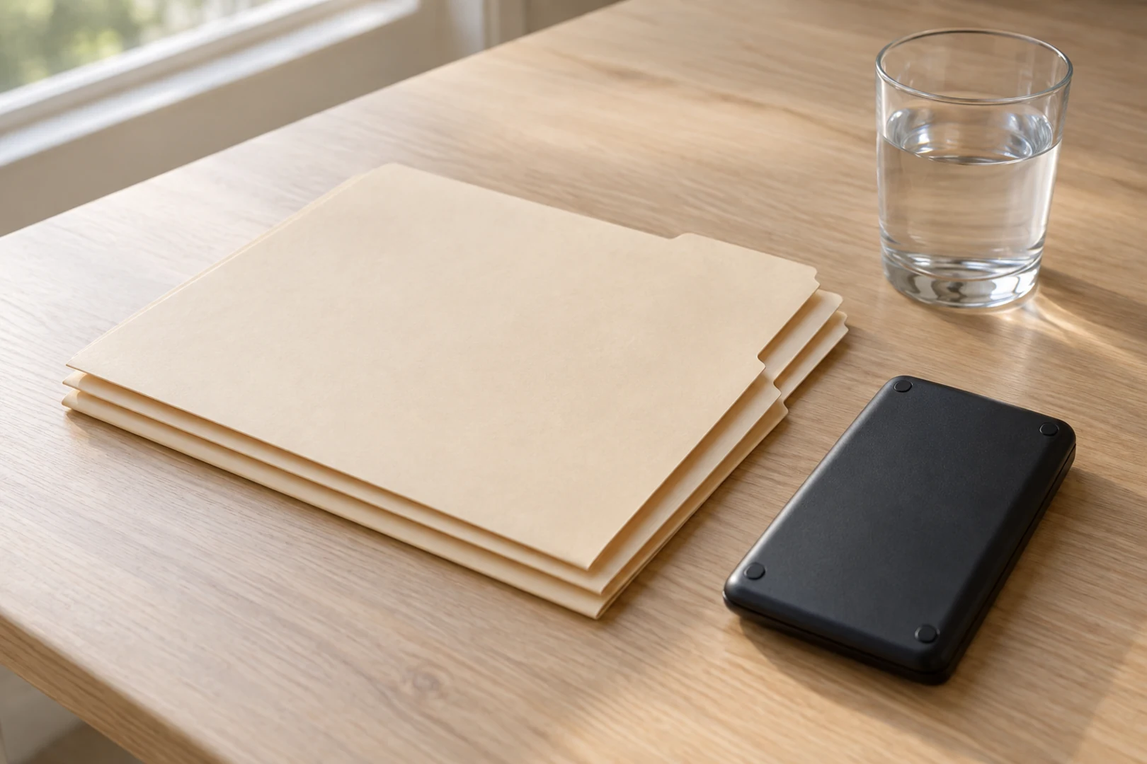 Three plain manila folders stacked on a wooden table next to a calculator and a glass of water