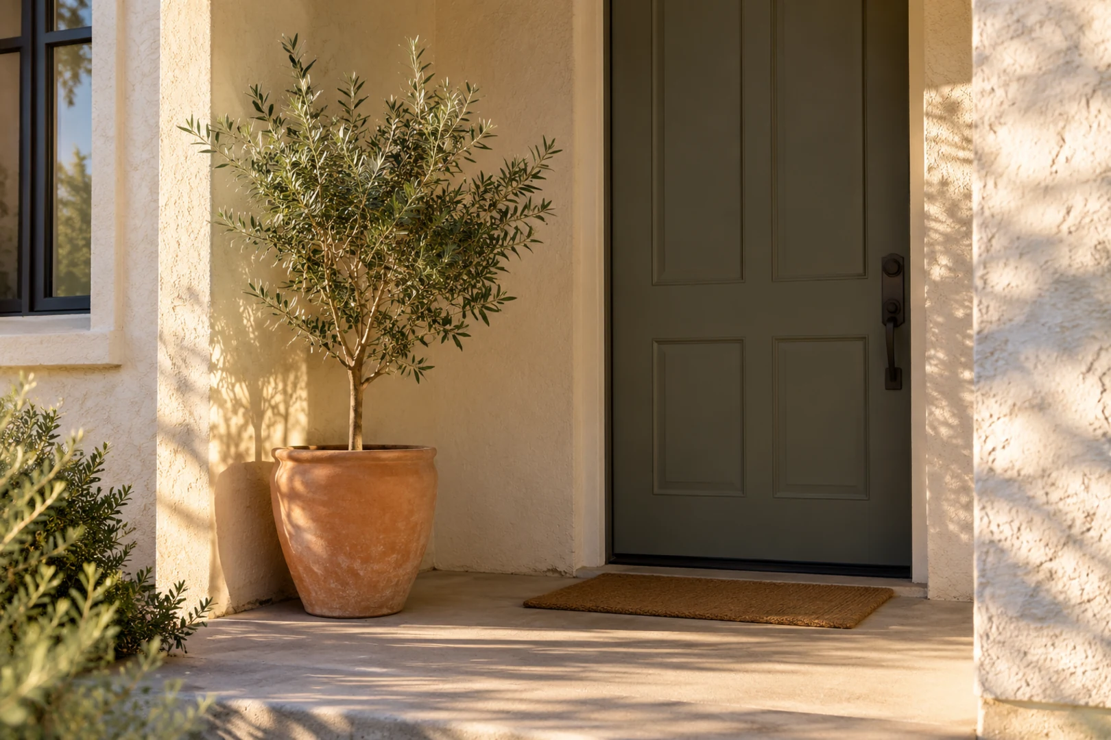 A stucco front porch with a potted olive tree beside a plain front door in late afternoon light