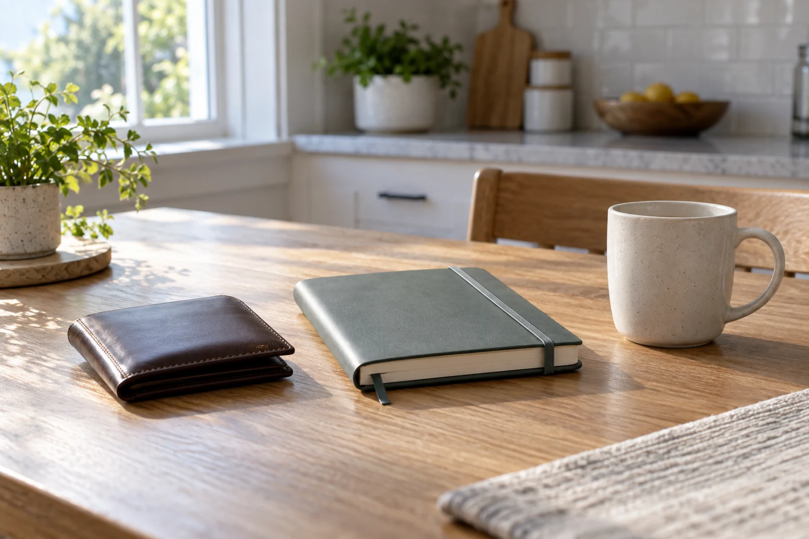 A closed leather wallet, a closed planner, and a ceramic mug on a tidy kitchen table in morning light
