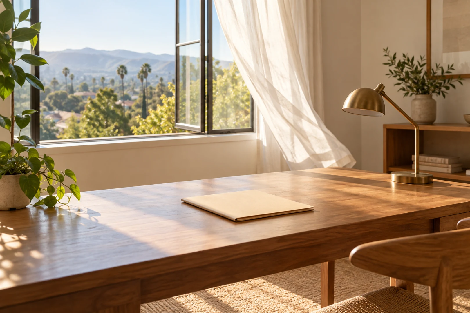 A bright home office with an open window, a sheer curtain, and a cleared desk holding one closed folder
